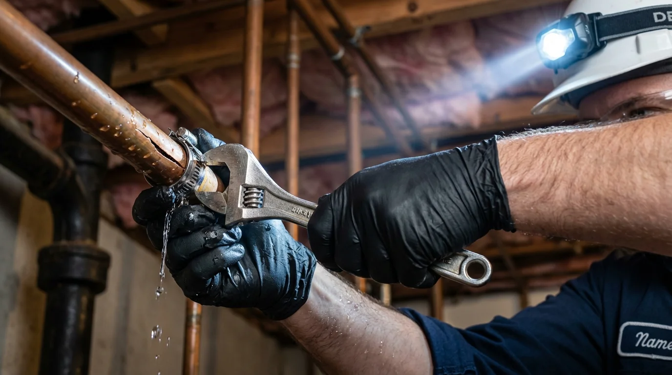 Emergency pipe clamp repair being performed by a Johns Plumbing LLC plumber in Spokane