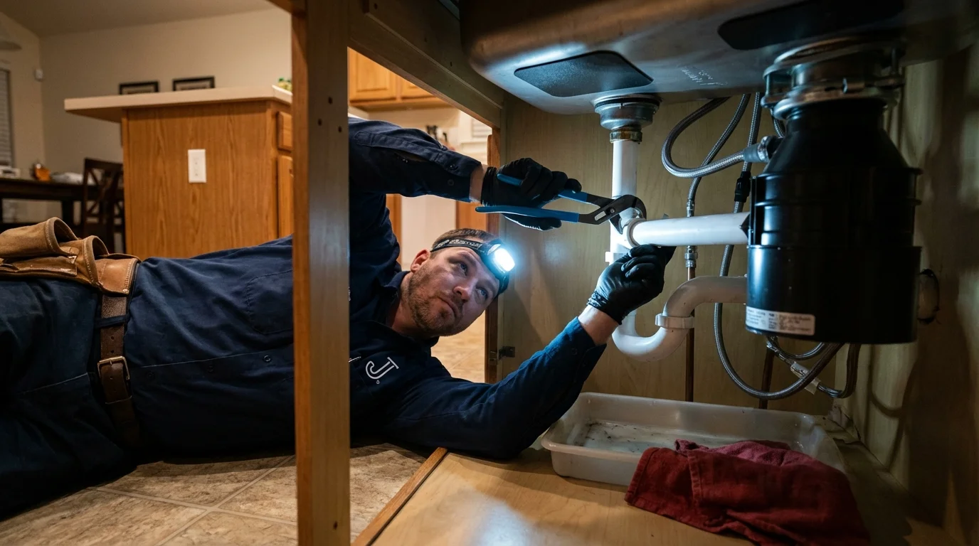 P-trap and supply line connections under a kitchen sink showing a common leak point in Spokane, WA